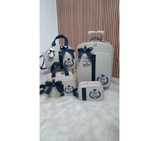 BOLSAS PARA MATERNIDADE LINHO  CRU COM AZUL MARINHO - 76857